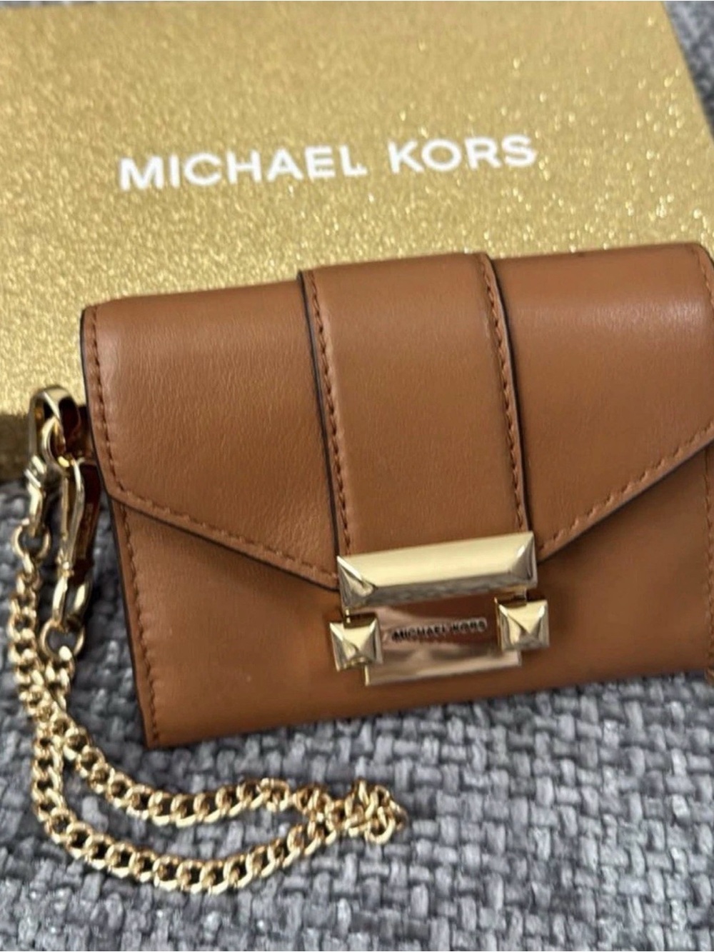 Michael Kors Tan Leather Mini Chain Wallet with Gold Hardware